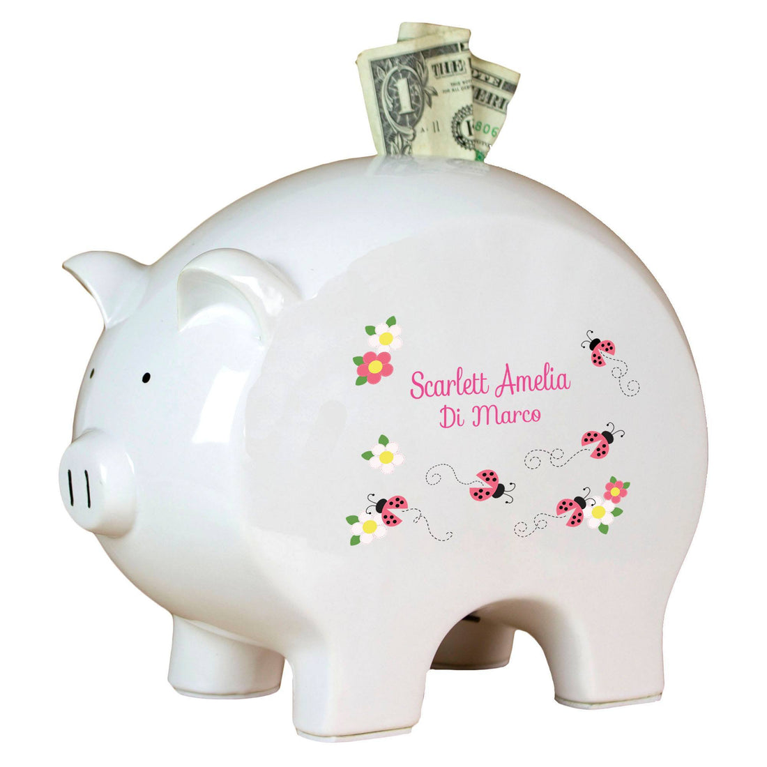 Personalized Piggy Bank with Pink Ladybugs design