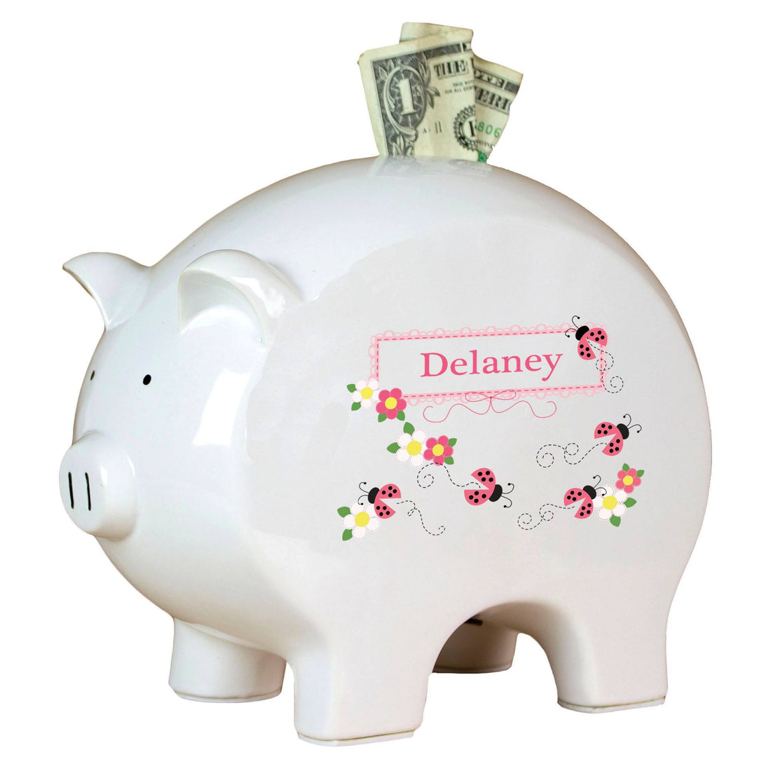 Personalized Piggy Bank with Pink Ladybugs design