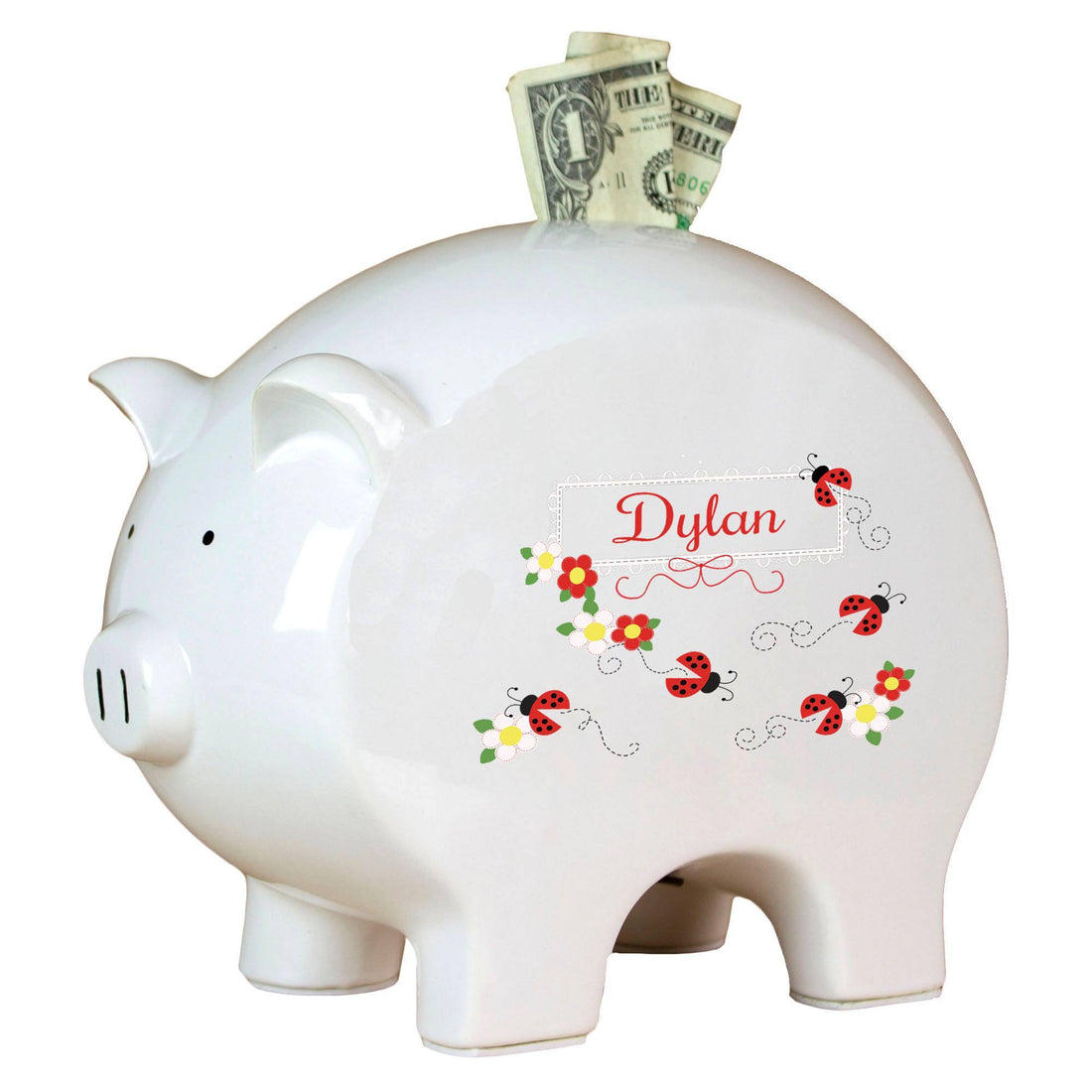 Personalized Piggy Bank with Red Ladybugs design