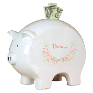 Personalized Piggy Bank with Blush Floral Garland design