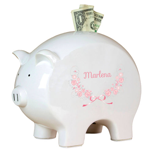 Personalized Piggy Bank with Pink Gray Floral Garland design