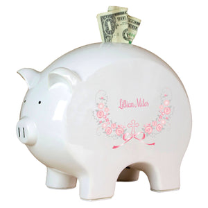 Personalized Piggy Bank with Hc Pink Gray Floral Garland design