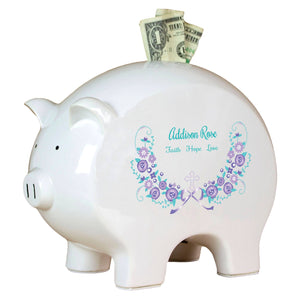 Personalized Piggy Bank with Lavender Floral Garland design