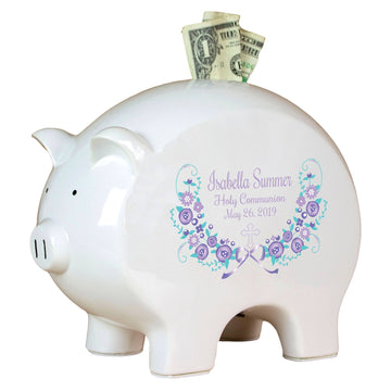 Personalized Piggy Bank with Navy Pink Floral Garland design