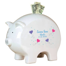 Personalized Piggy Bank with Heart Balloons design