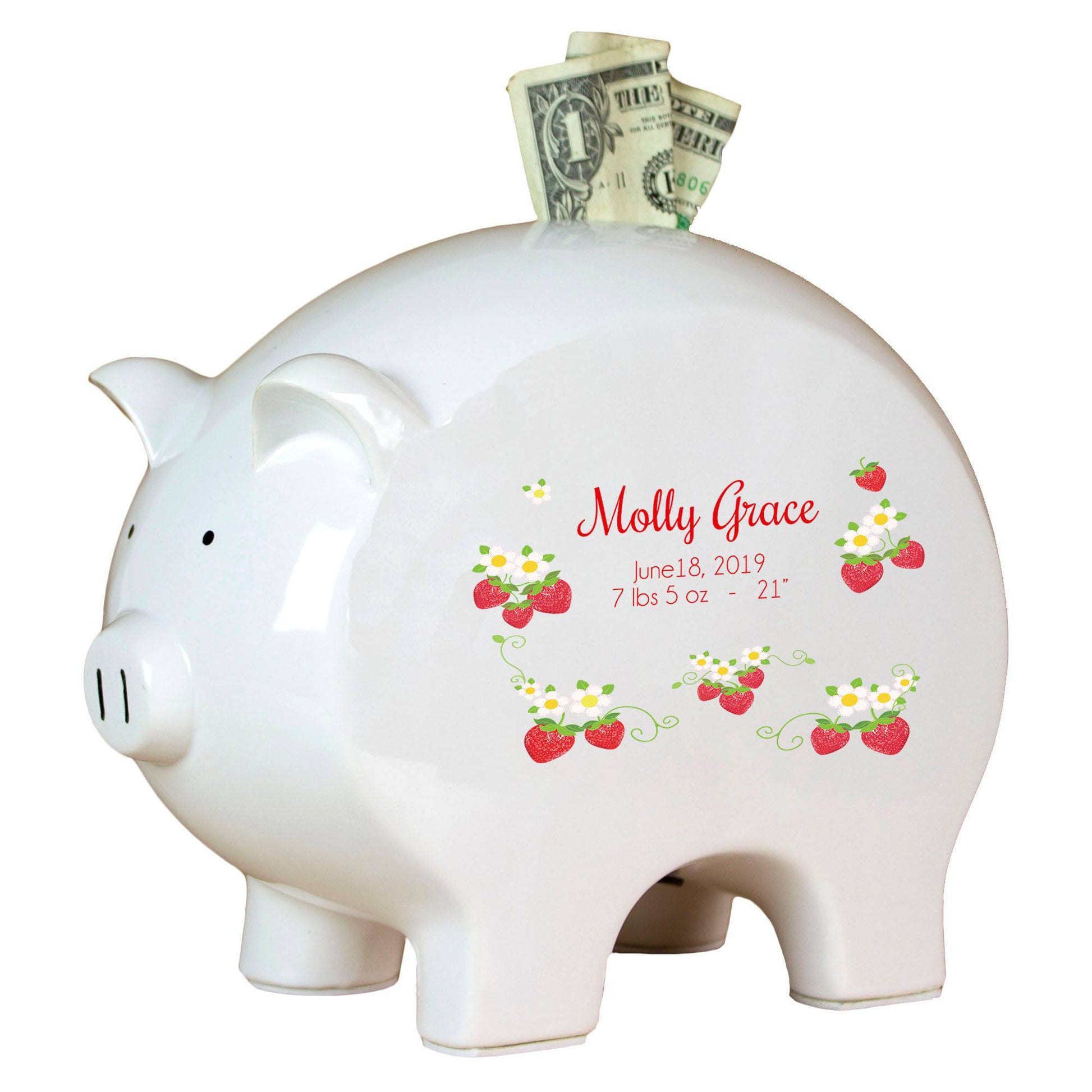 Personalized Piggy Bank with Strawberries design