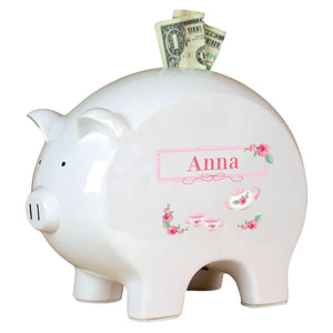 Personalized Piggy Bank with Tea Party design
