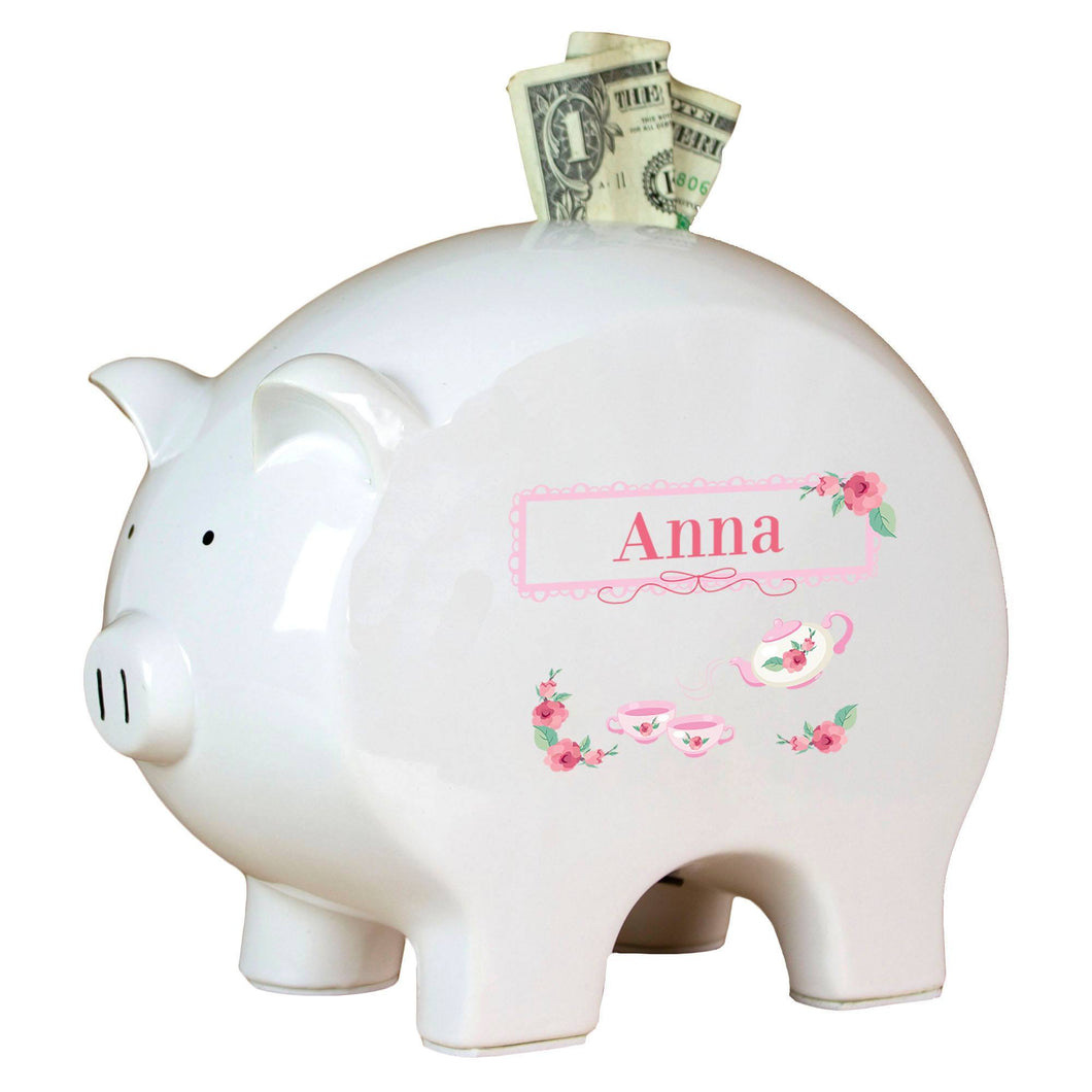 Personalized Piggy Bank with Tea Party design