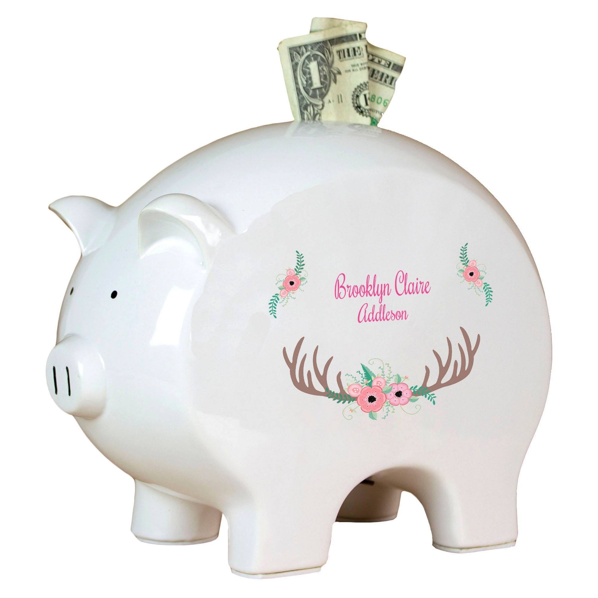 Personalized Piggy Bank with Floral Antler design