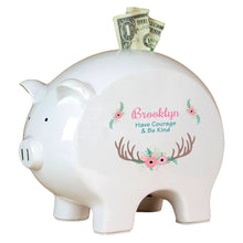 Personalized Piggy Bank with Floral Antler design