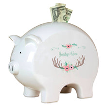 Personalized Piggy Bank with Floral Antler design