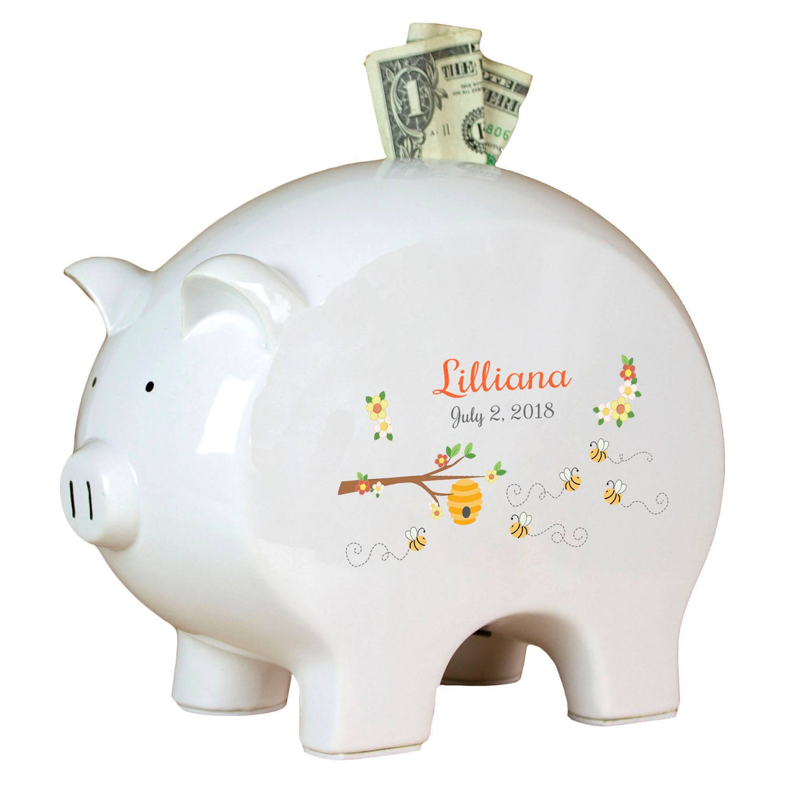 Personalized Piggy Bank with Honey Bees design