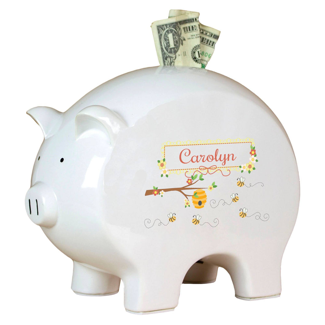 Personalized Piggy Bank with Honey Bees design