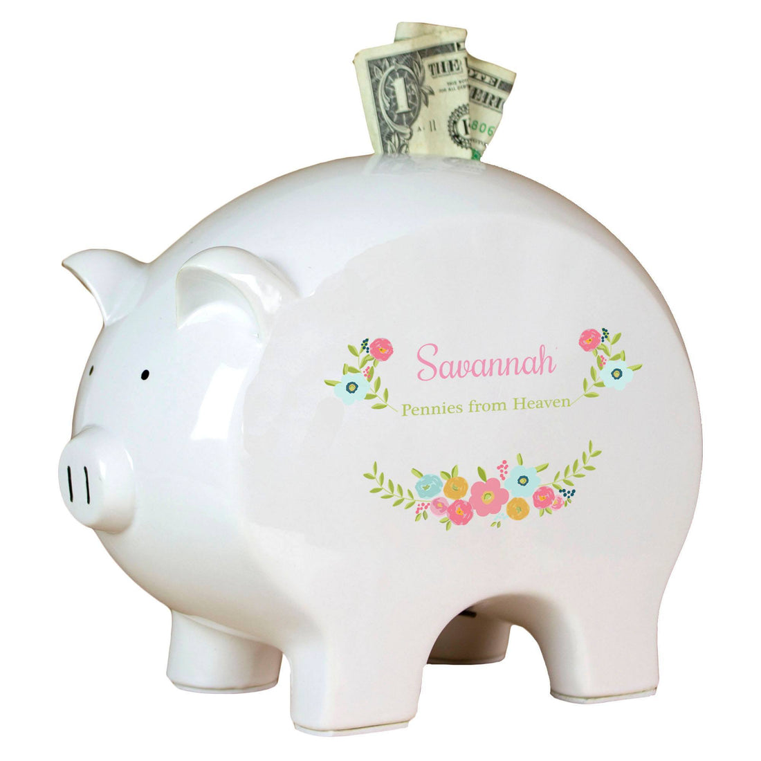 Personalized Piggy Bank with Spring Floral design