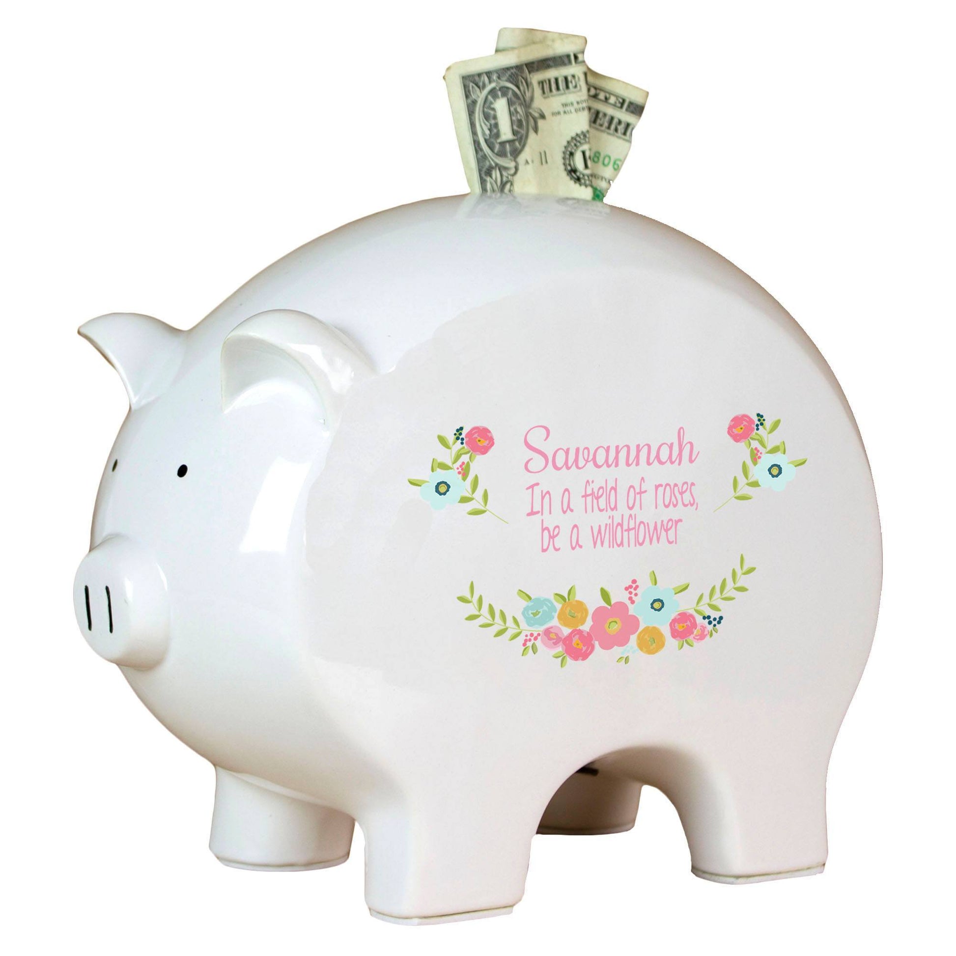 Personalized Piggy Bank with Spring Floral design