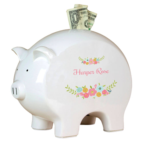 Personalized Piggy Bank with Spring Floral design