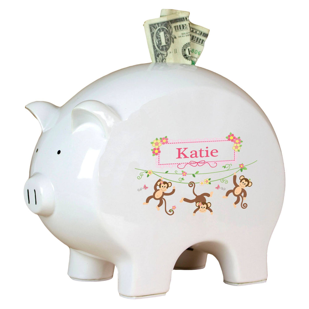 Personalized Piggy Bank with Monkey Girl design