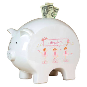 Personalized Piggy Bank with Ballerina Red Hair design
