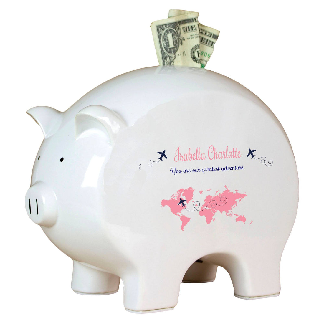 Personalized Piggy Bank - Pink World Map