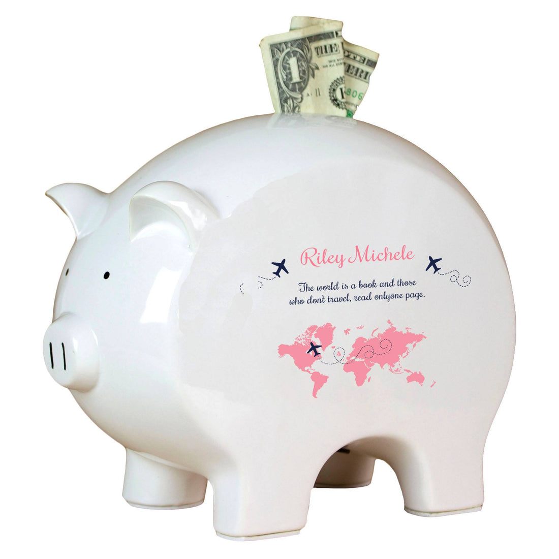 Personalized Piggy Bank - Pink World Map