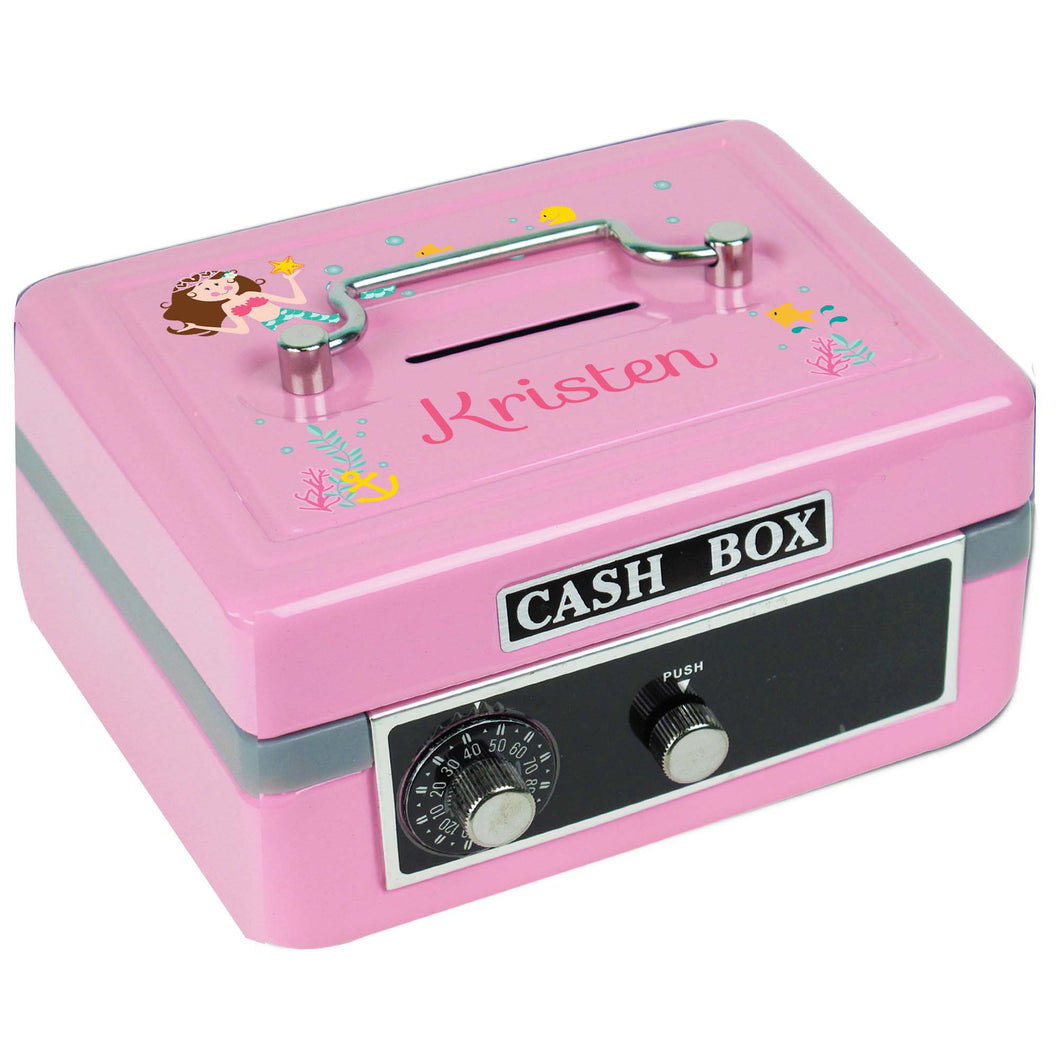 Personalized Brunette Mermaid Princess Childrens Pink Cash Box