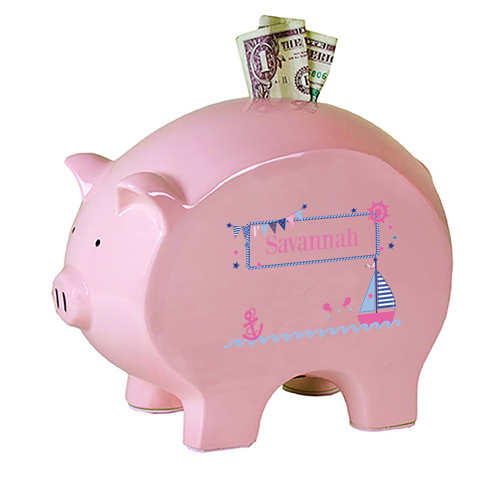 Personalized Pink Piggy Bank with Pink Sailboat design