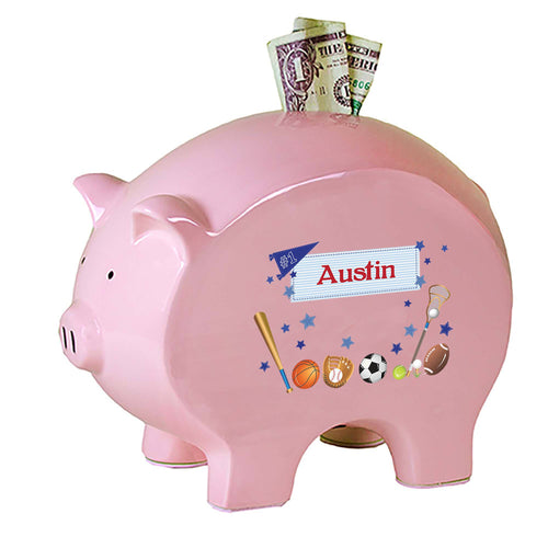 Personalized Pink Piggy Bank with Sports design