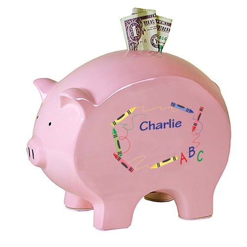 Personalized Pink Piggy Bank with Crayon design
