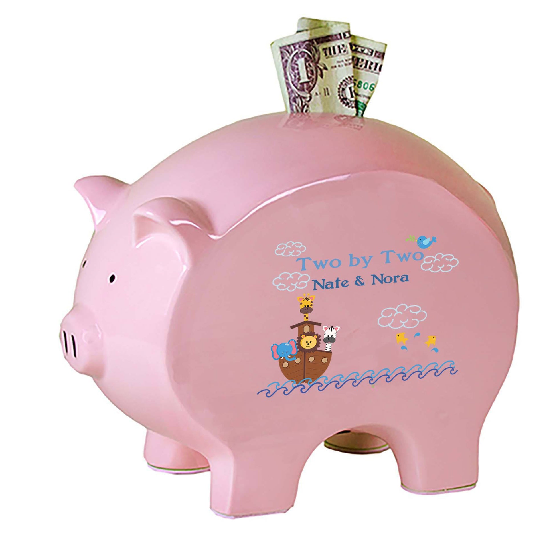 Personalized Pink Piggy Bank with Noahs Ark design