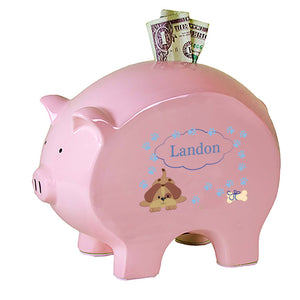 Personalized Pink Piggy Bank with Blue Puppy design