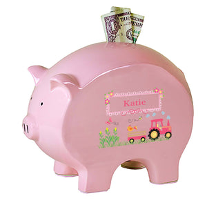 Personalized Pink Piggy Bank with Pink Tractor design