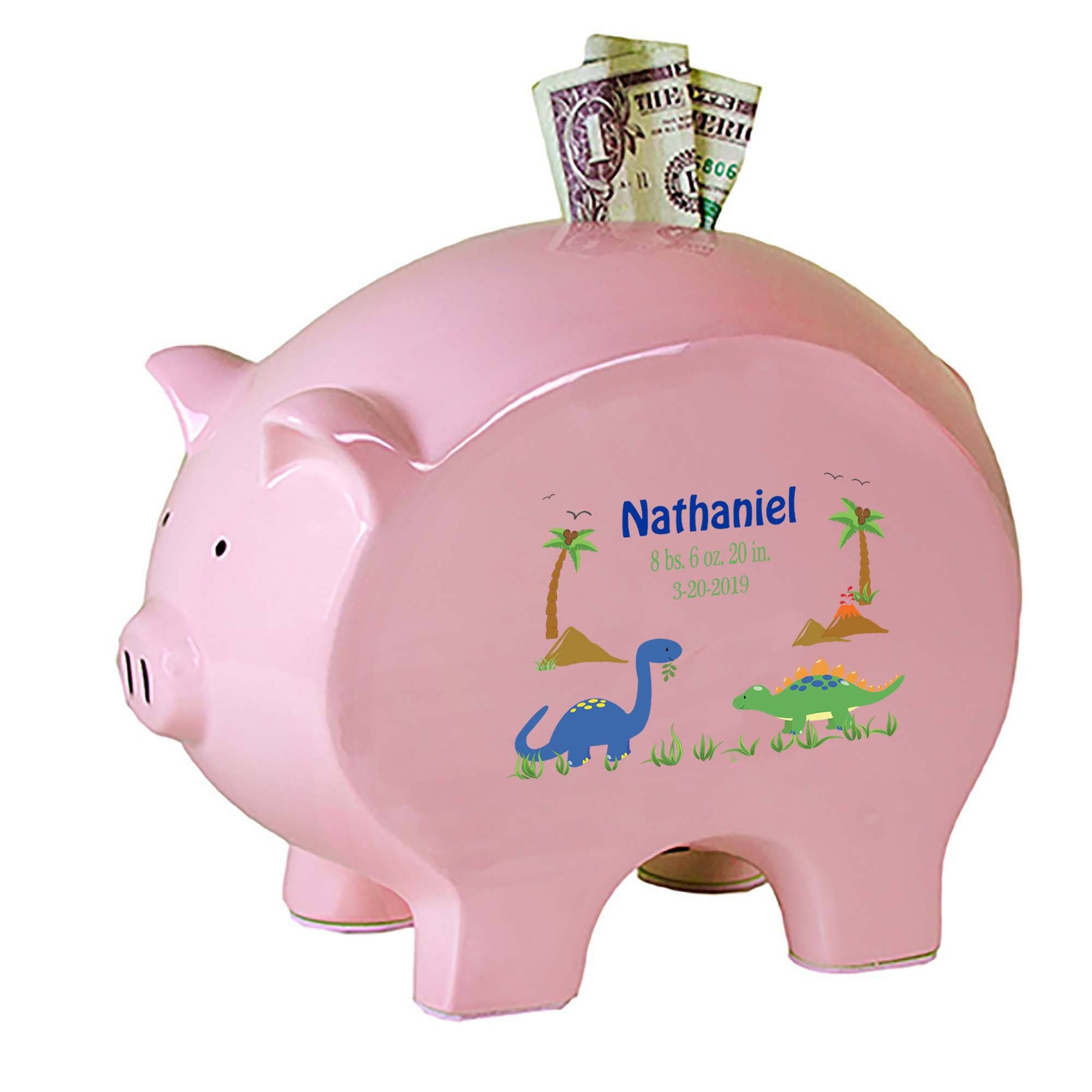 Personalized Pink Piggy Bank with Dinosaurs design