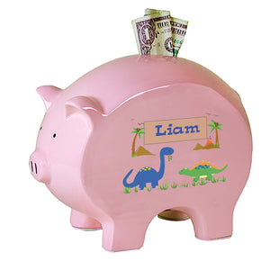 Personalized Pink Piggy Bank with Dinosaurs design