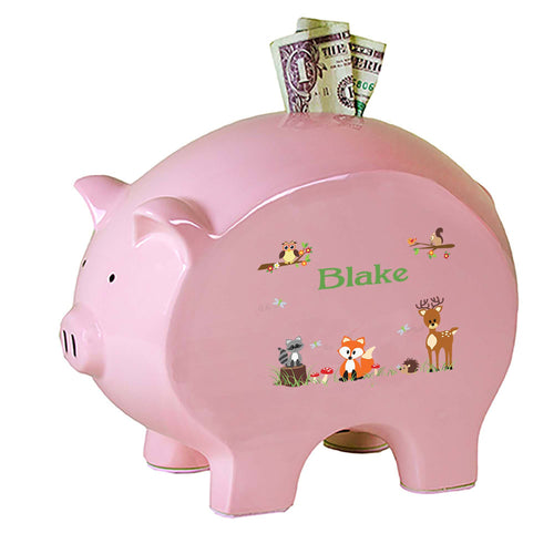 Personalized Pink Piggy Bank with Green Forest Animal design