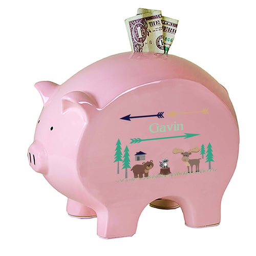 Personalized Pink Piggy Bank with North Woodland Critters design