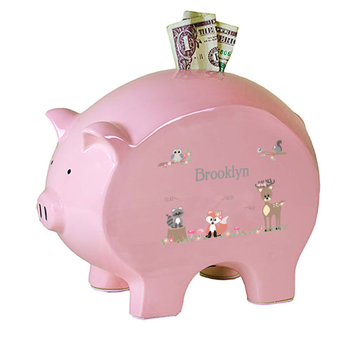 Personalized Pink Piggy Bank with Gray Woodland Critters design