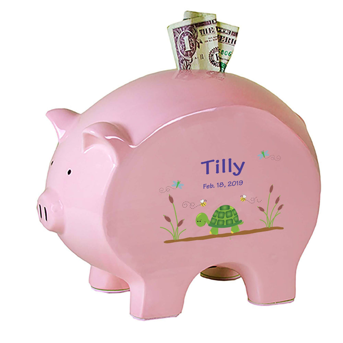 Personalized Pink Piggy Bank with Turtle design