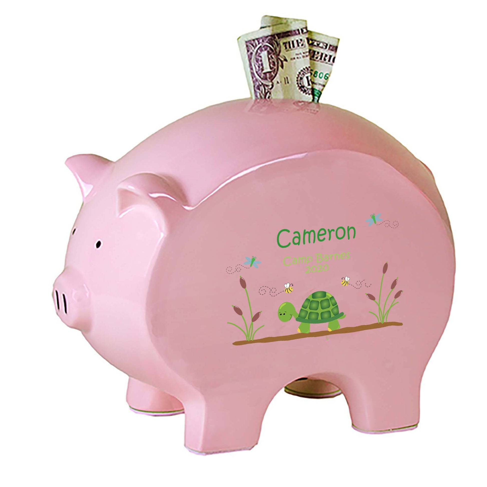 Personalized Pink Piggy Bank with Turtle design