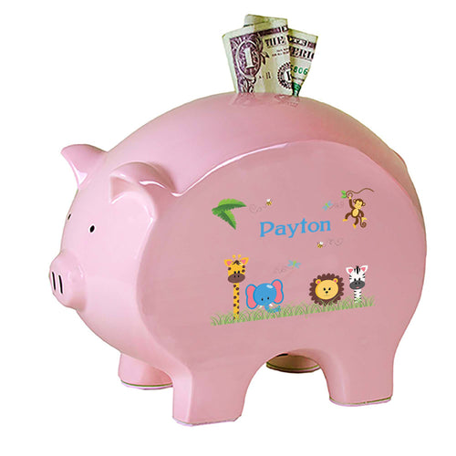 Personalized Pink Piggy Bank with Jungle Animals Boy design
