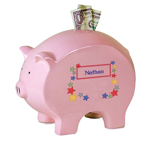 Personalized Pink Piggy Bank with Stitched Stars design