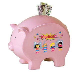 Personalized Pink Piggy Bank with Super Girls design