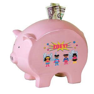 Personalized Pink Piggy Bank with Super Girls African American design