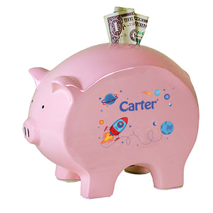Personalized Pink Piggy Bank with Rocket design