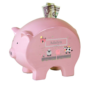 Personalized Pink Piggy Bank with Barnyard Friends Pastel design
