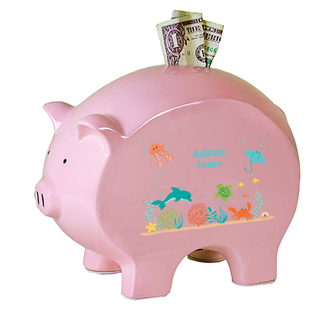 Personalized Pink Piggy Bank with Sea and Marine design