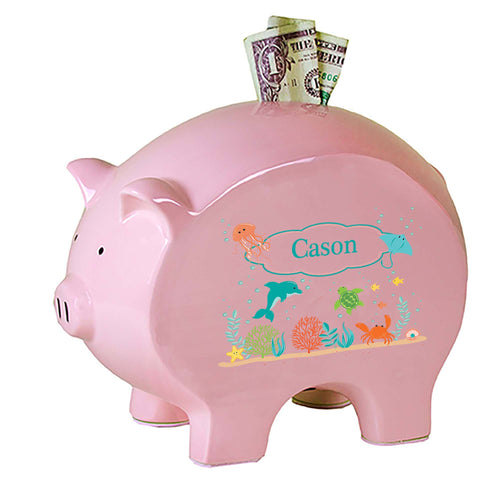 Personalized Pink Piggy Bank with Sea and Marine design