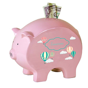 Personalized Pink Piggy Bank with Hot Air Balloon design