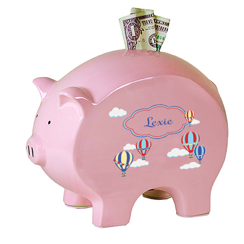 Personalized Pink Piggy Bank with Hot Air Balloon Primary design