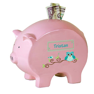 Personalized Pink Piggy Bank with Blue Gingham Owl design