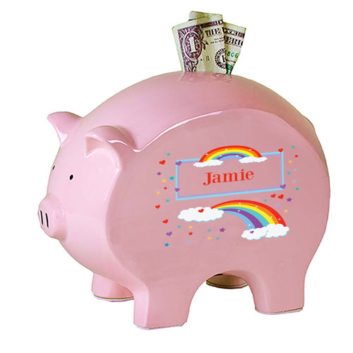 Personalized Pink Piggy Bank with Rainbow design